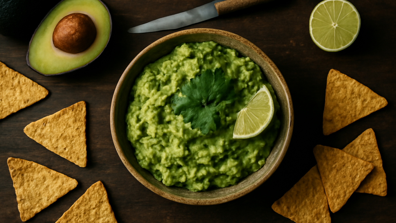 Mangkuk guacamole segar dengan daun ketumbar dan potongan jeruk nipis di atas meja kayu