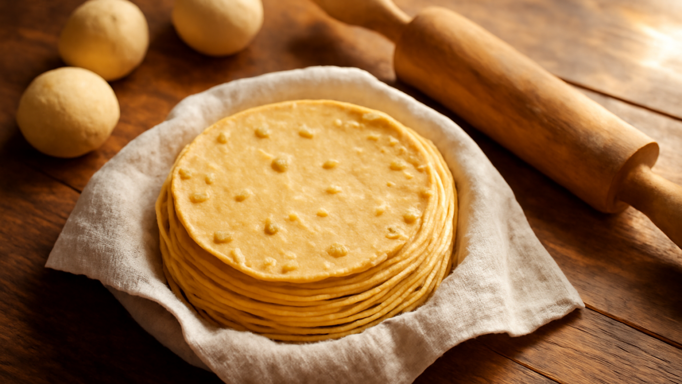 Tumpukan tortilla jagung hangat yang baru matang dibungkus kain bersih di atas meja kayu