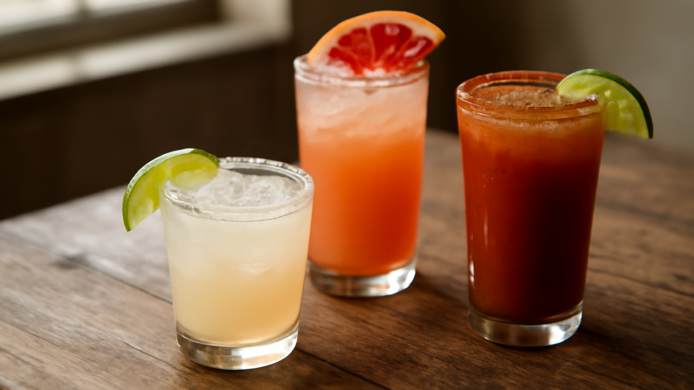 Tiga koktail Meksiko klasik di atas meja kayu: margarita, paloma, dan michelada