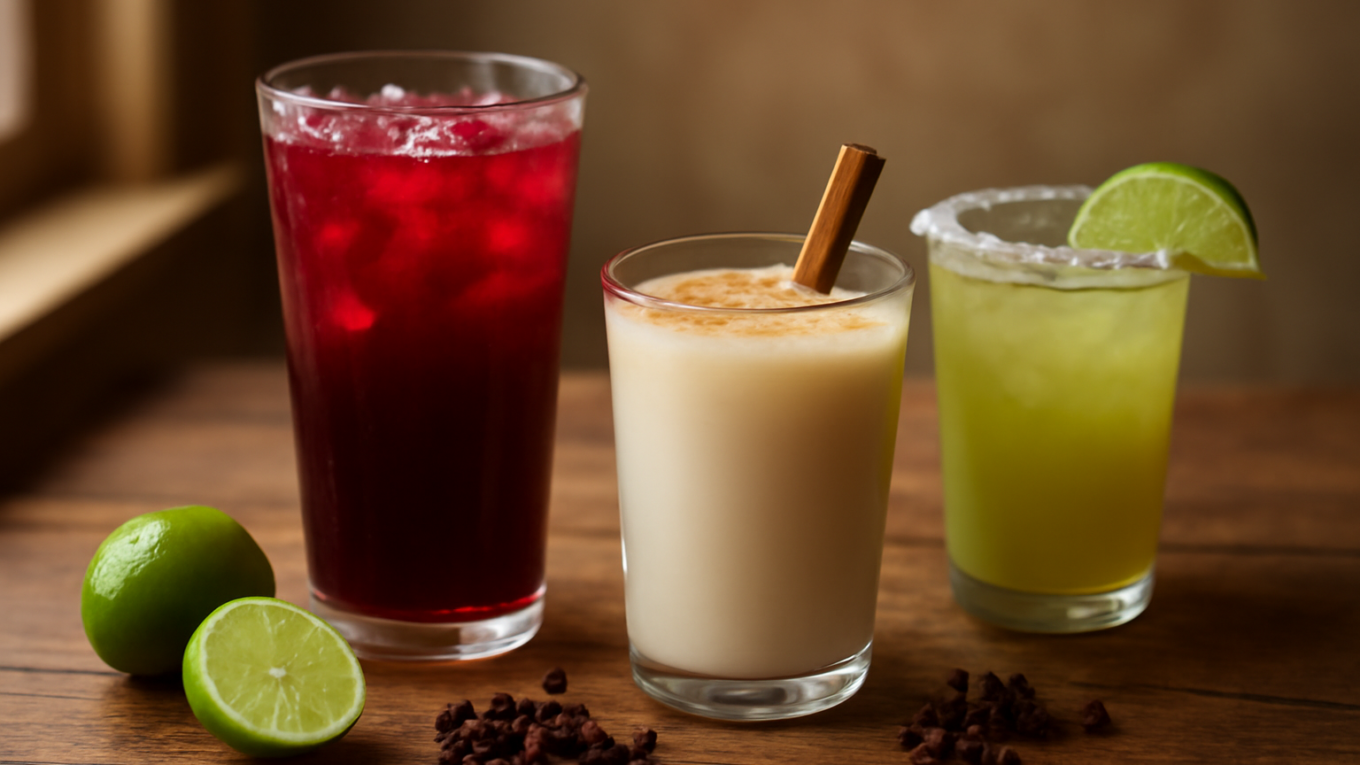 Aneka minuman Meksiko klasik seperti agua de jamaica, horchata, dan michelada di atas meja kayu