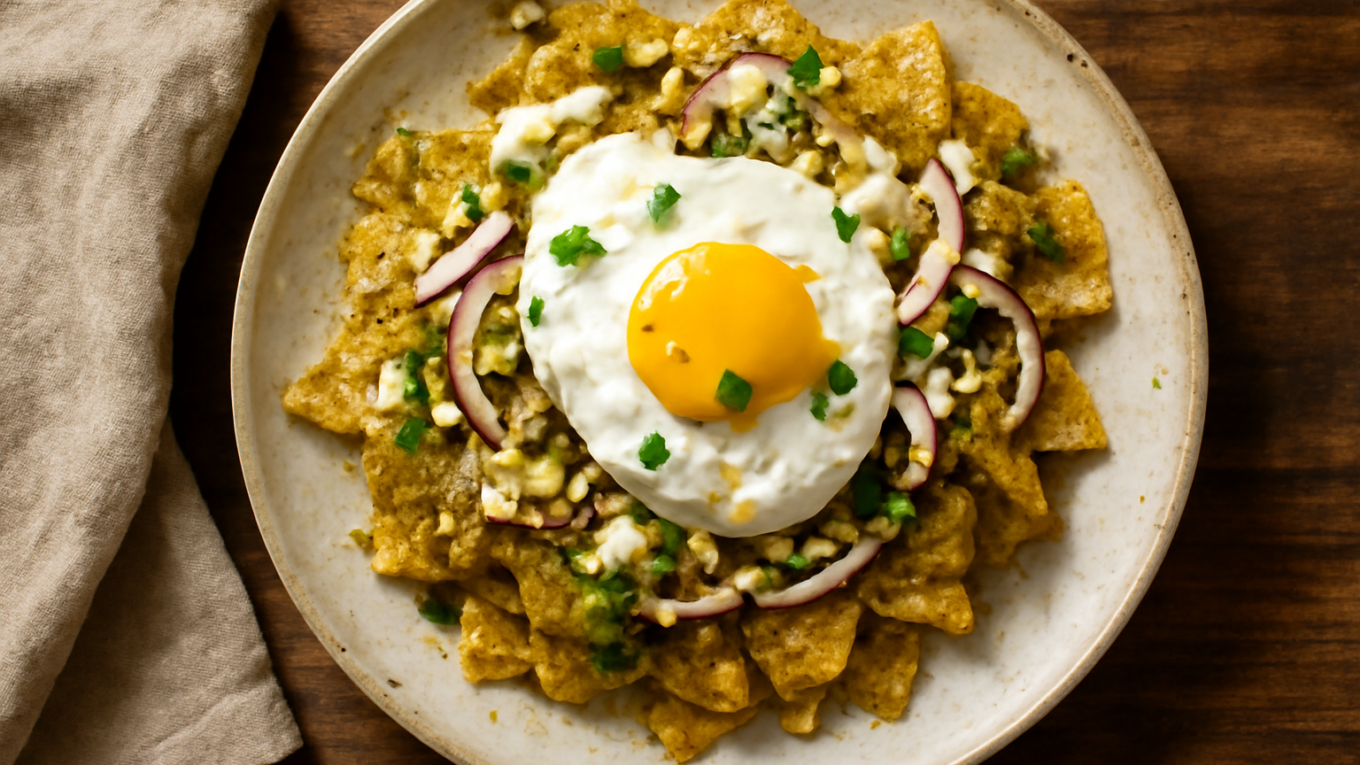 Sepiring chilaquiles verdes dengan telur goreng, krim asam, dan irisan bawang bombai