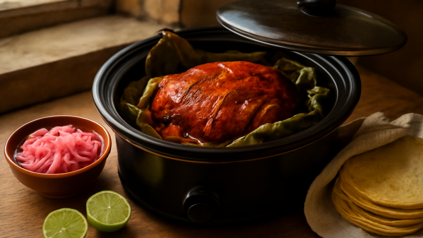 Daging cochinita pibil merah bumbu achiote dalam slow cooker bersama acar bawang merah dan tortilla jagung