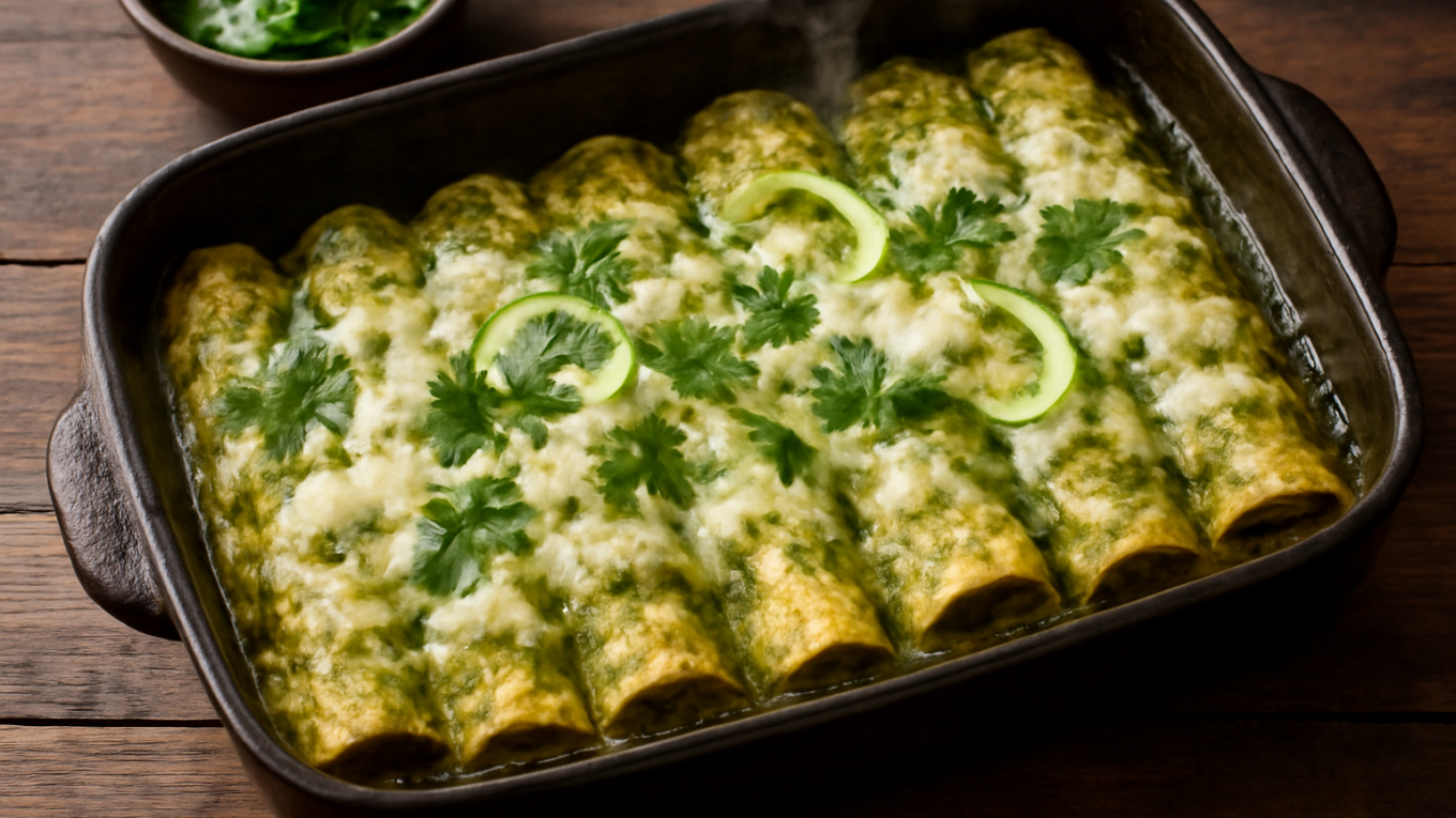 Enchiladas verdes dalam loyang panggang disiram salsa hijau dan keju leleh, ditaburi ketumbar segar