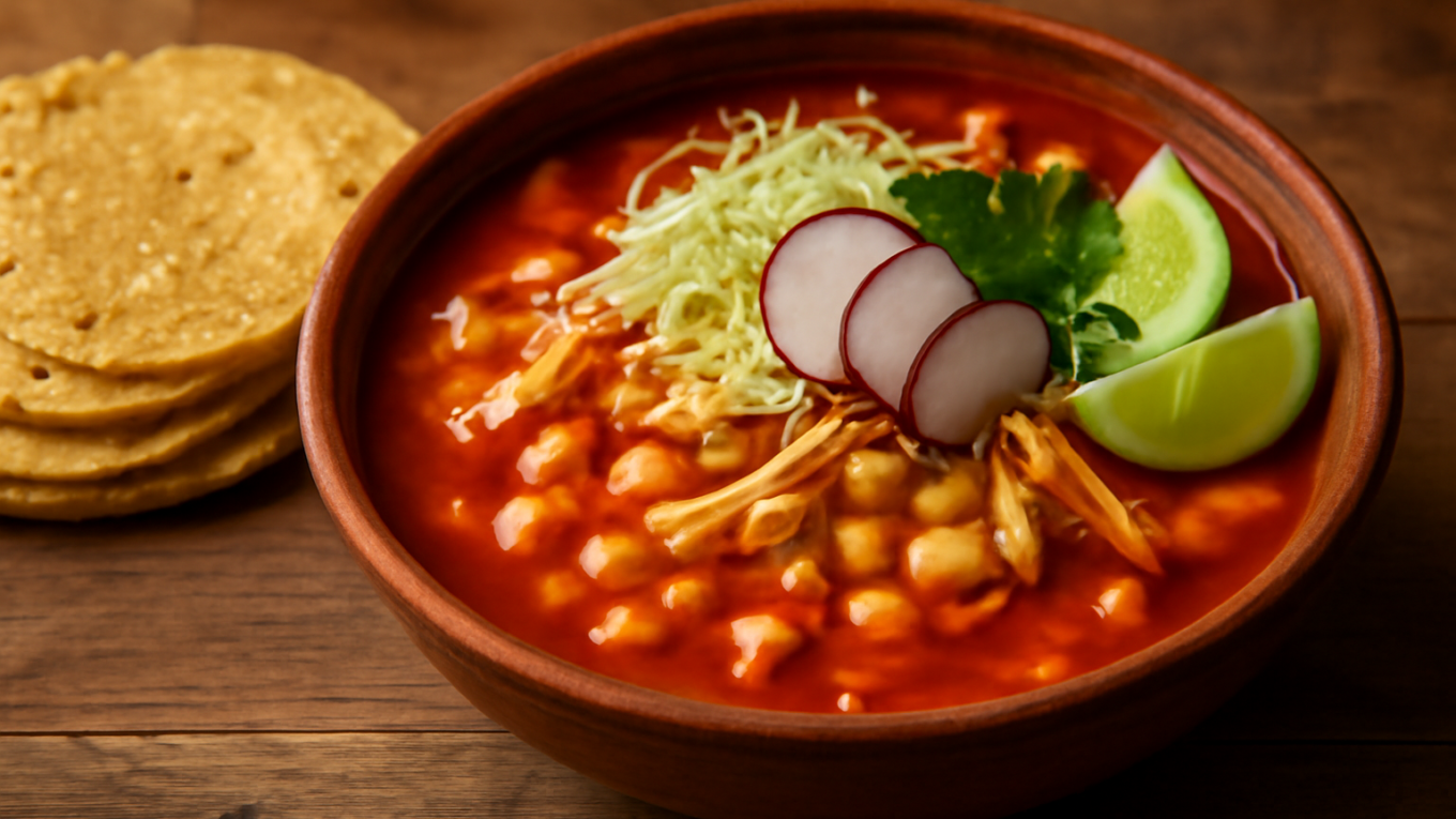 Semangkuk pozole rojo dengan jagung hominy, suwiran ayam, kubis, dan irisan lobak di meja kayu