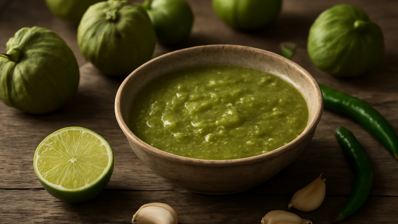 Semangkuk salsa verde rebus dengan tomatillo, cabai hijau, dan jeruk nipis di atas meja kayu