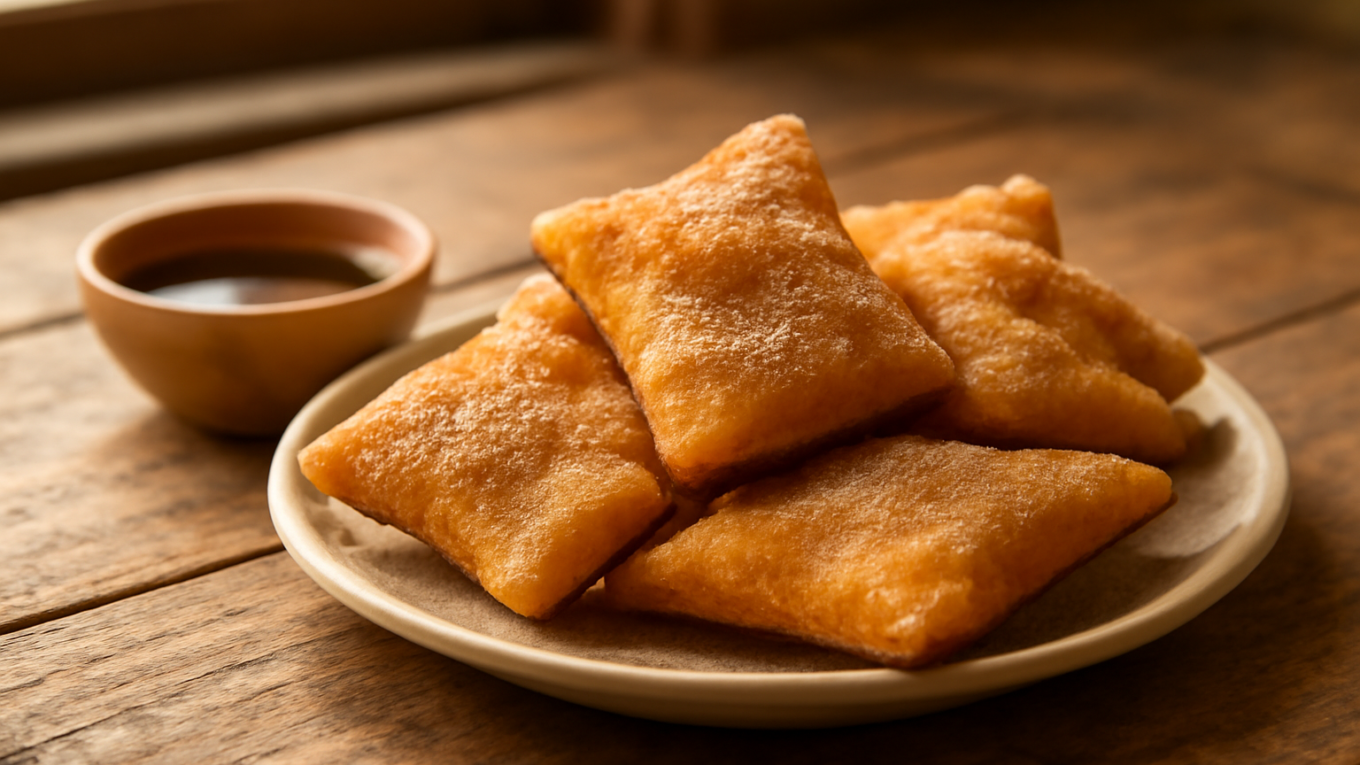 Sopapilla roti goreng Meksiko hangat dengan taburan gula kayu manis di atas meja kayu