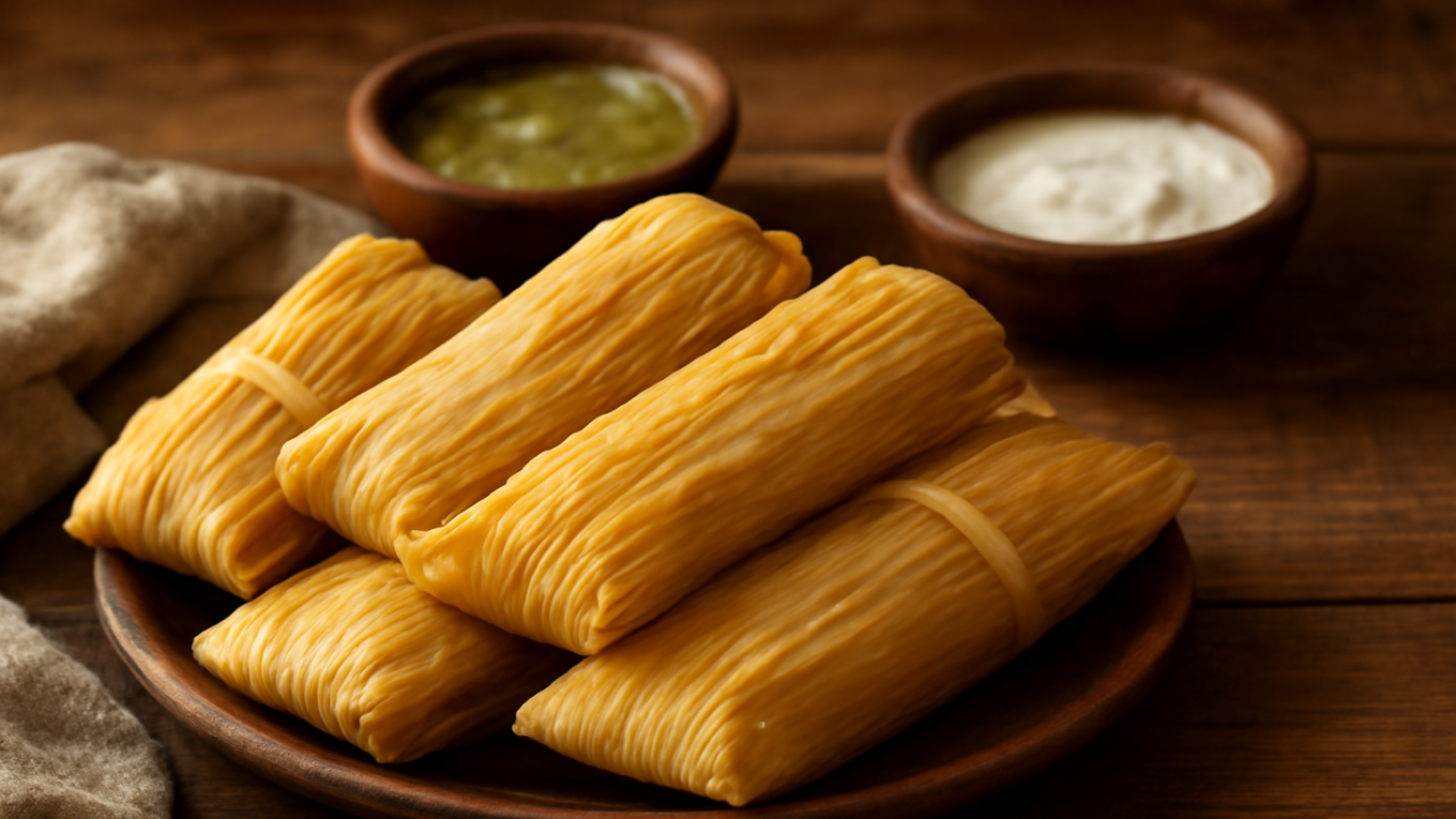 Tamales Meksiko yang baru dikukus dalam daun jagung disajikan dengan salsa verde