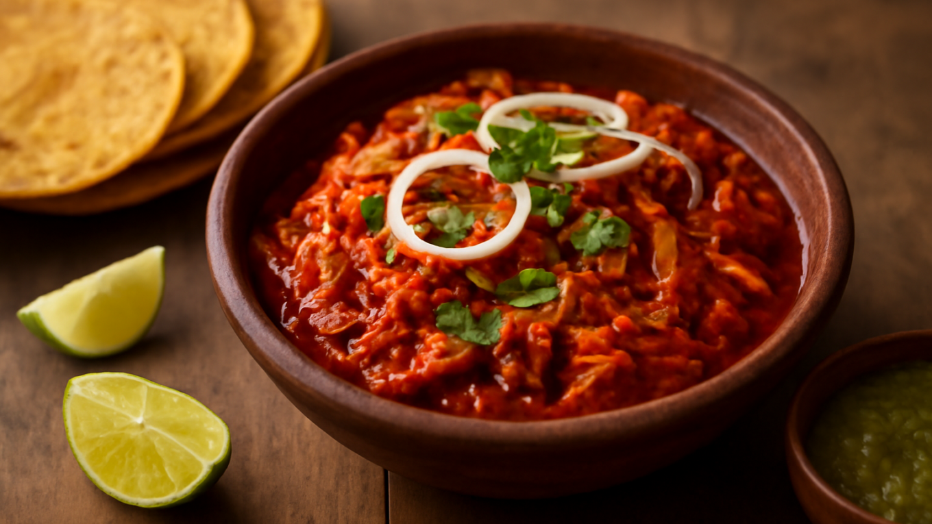 Semangkuk tinga de pollo ayam suwir saus tomat chipotle dengan irisan bawang bombai dan ketumbar, disajikan bersama tostada