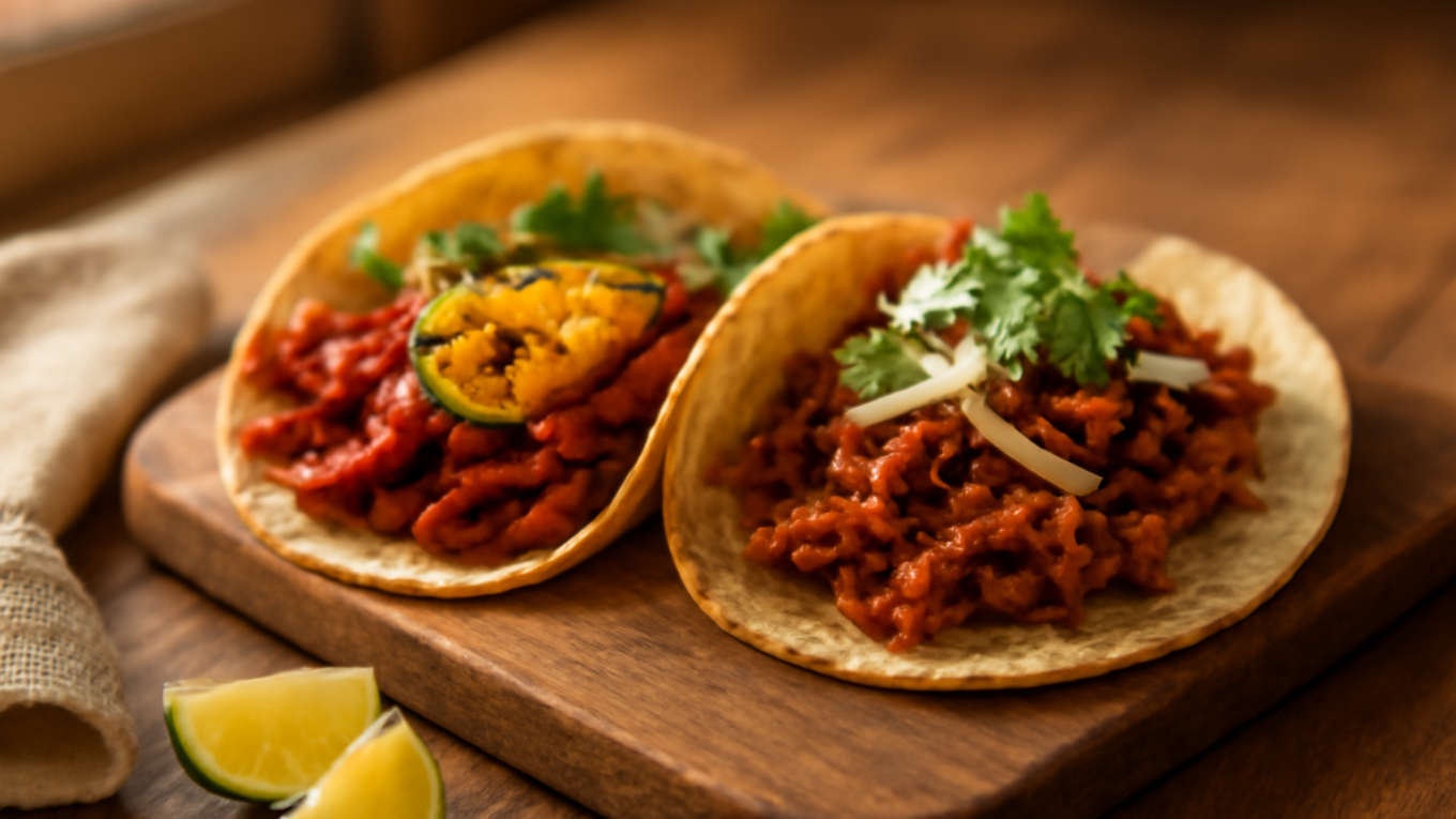Dua taco di atas papan kayu, satu berisi al pastor dengan nanas panggang dan satu berisi carnitas garing